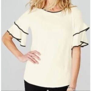 J.Jill Wearever White Ruffle Sleeve Top L Soft Stretch Minimalist Chic Workwear